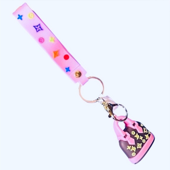 BAG CHARM/KEYCHAIN: Chocolate Brown and Pink Purse w/Wristlet, Custom. EUC